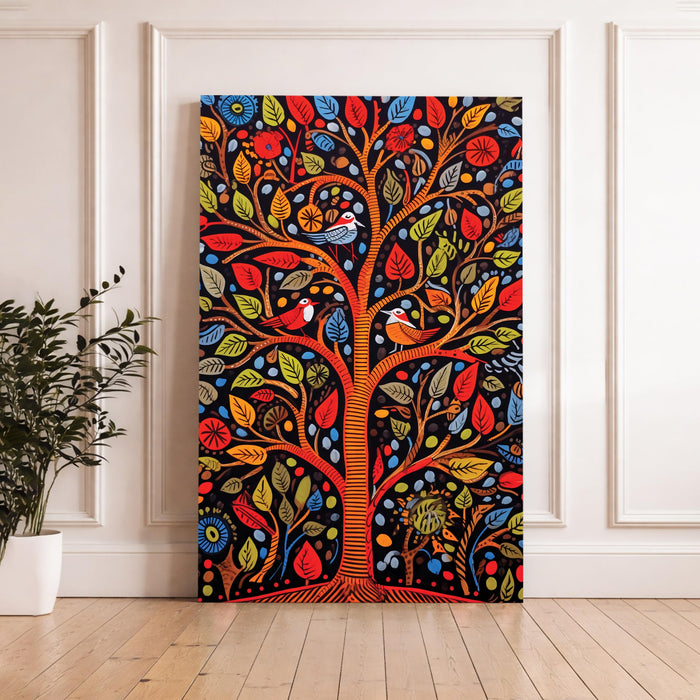 Madhubani Tree of Life Stretched Canvas Painting For Living Room | Indian Folk Tropical Stretched Canvas Wall Art For Livingroom Home Decor, Bedroom, Hallway's, Office, Hotel - 56x86 cm
