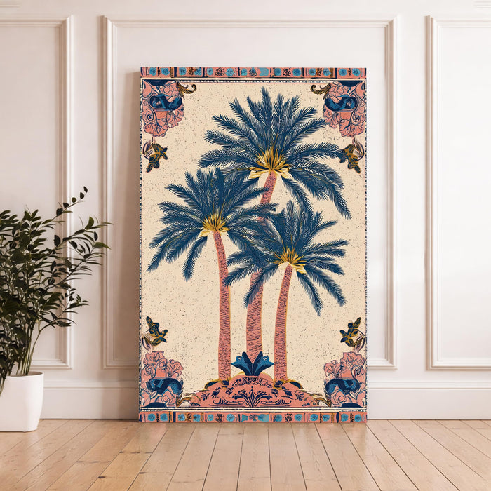 Mughal Botanical Stretched Canvas Painting For Living Room | Decorative Palm Garden Stretched Canvas Wall Art For Livingroom Home Decor, Bedroom, Hallway's, Office, Hotel - 56x86 cm