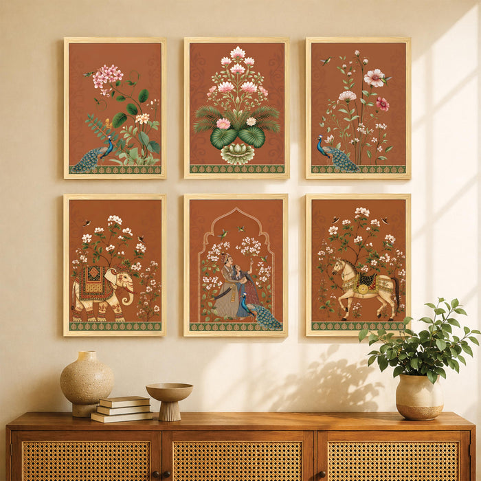 Mughal Rajasthani Folk Wall Art Painting, Traditional Royal Elephant, Horse & Peacock Theme Wooden Framed Wall Art Print for Living Room, Bedroom & Home Decor (Set of 6, 13x9 inch)