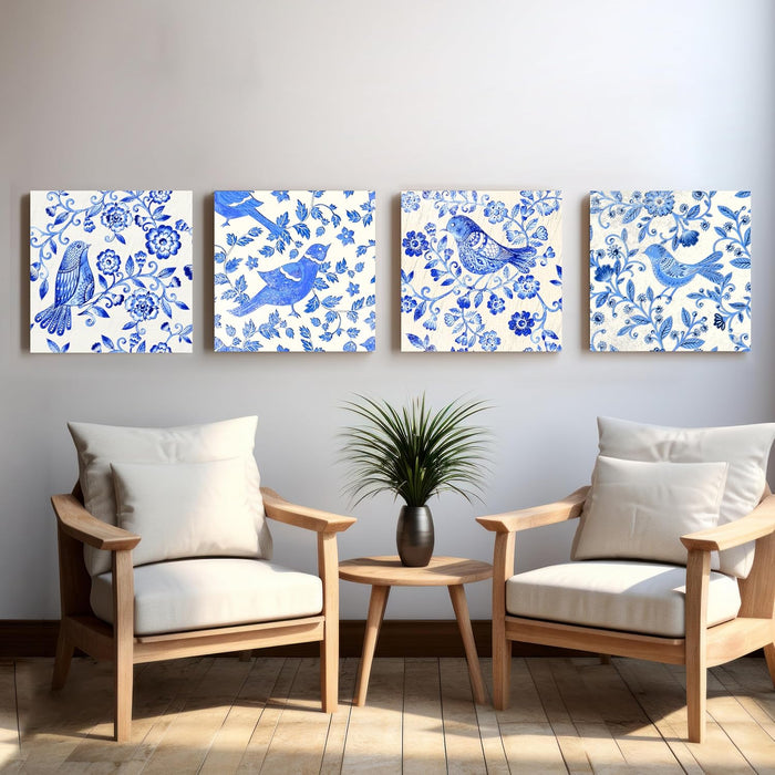 Set of 4 Stretched Canvas Painting Blue Flowers and Birds Moroccan Pattern Art.