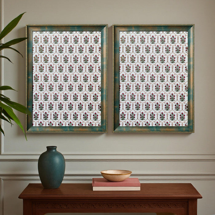 Pack of 2 Indian Pichwai Madhubani Green Framed Art-Print Wall Art Set Antique Nature Traditional Wall Décor Glitter Gold Foil Art Prints For Living Room, Bedroom, Office 35x45 cm