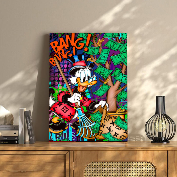 Bang Bang Hustle Pop Art Stretched Canvas Painting Print | Money Tree Street Art Wall Décor | Bold Motivational Artwork for Modern Home & Office, 41x56 cm
