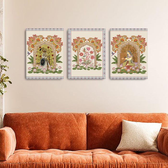 Set of 3 Stretched Canvas Indian Miniature Painting Print Stretched Canvas Wall Art Set of 3 with Mughal Art Wall Decor, Pichwai Floral Archway Traditional Painting 30x42 cm