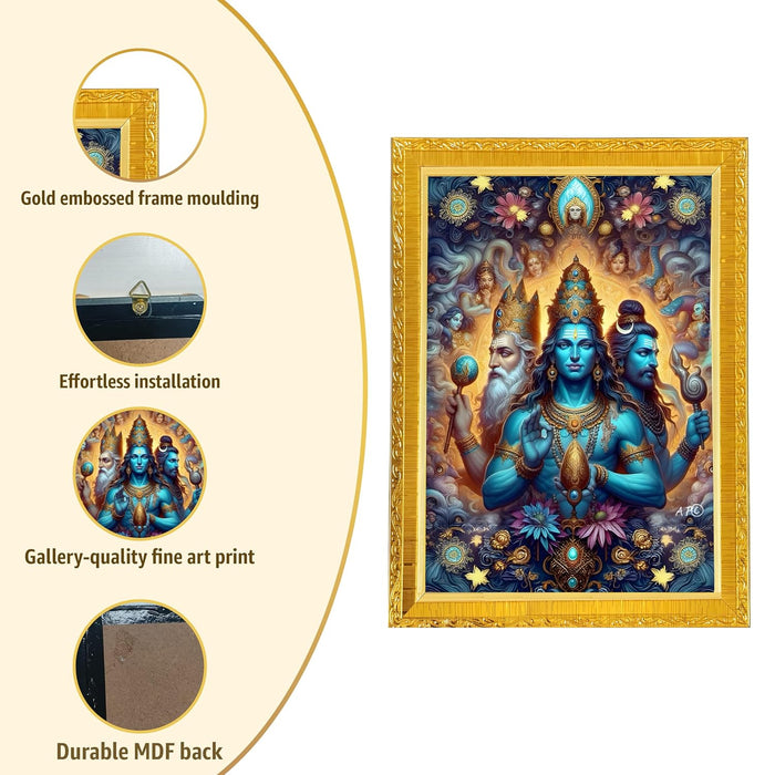 Trimurti Brahma Vishnu Mahesh Photo Frame for Mandir, Pooja Room | Divine Hindu Deity Wall Art (10x13 Inch)