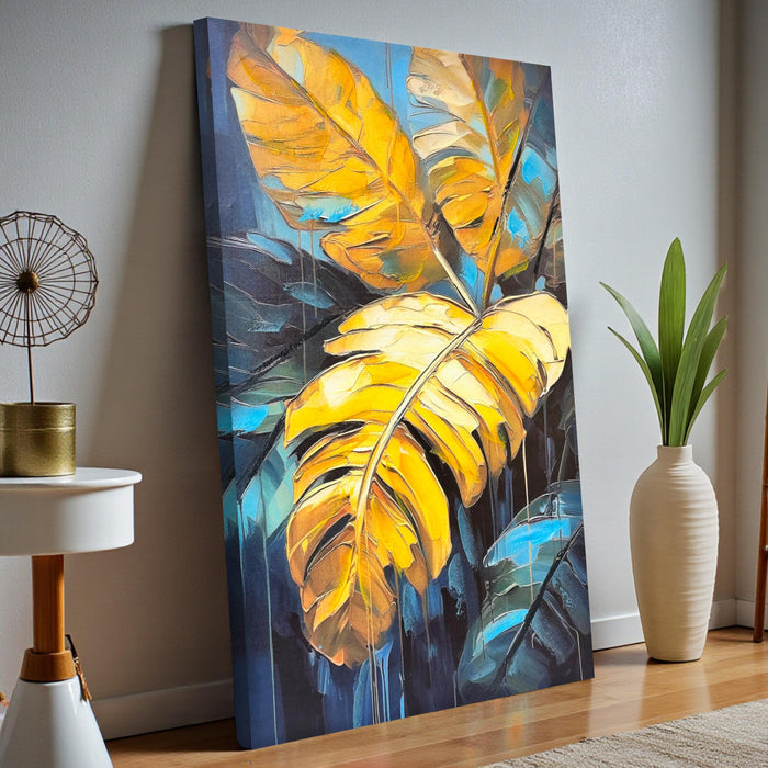 Stretched Canvas Tropical Leaf Art Wall Art Painting Abstract Yellow and Blue Leaves 3D Painting Abstract Paintings for Bedroom Office Wall Décor Hand Painted 61x91 cm