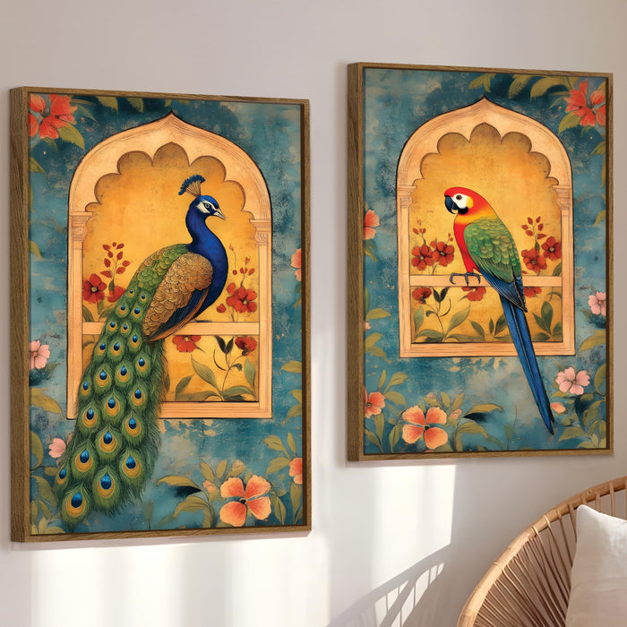 Mughal Parrot and Peacock flower Jharokha Canvas Painting Indian Large Wall Art Painting for Living Room Decoration, Stylish Large Wall Art Print for Wall Decor (Set of 2, 58x89 cm)