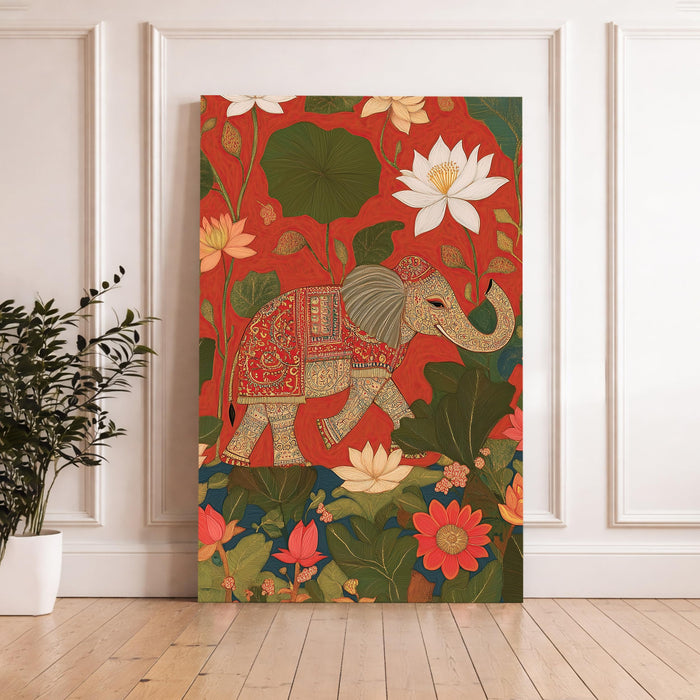 Indian Lotus Elephant Stretched Canvas Painting For Living Room | Madhubani Wildlife Stretched Canvas Wall Art For Livingroom Home Decor, Bedroom, Hallway's, Office, Hotel - 56x86 cm