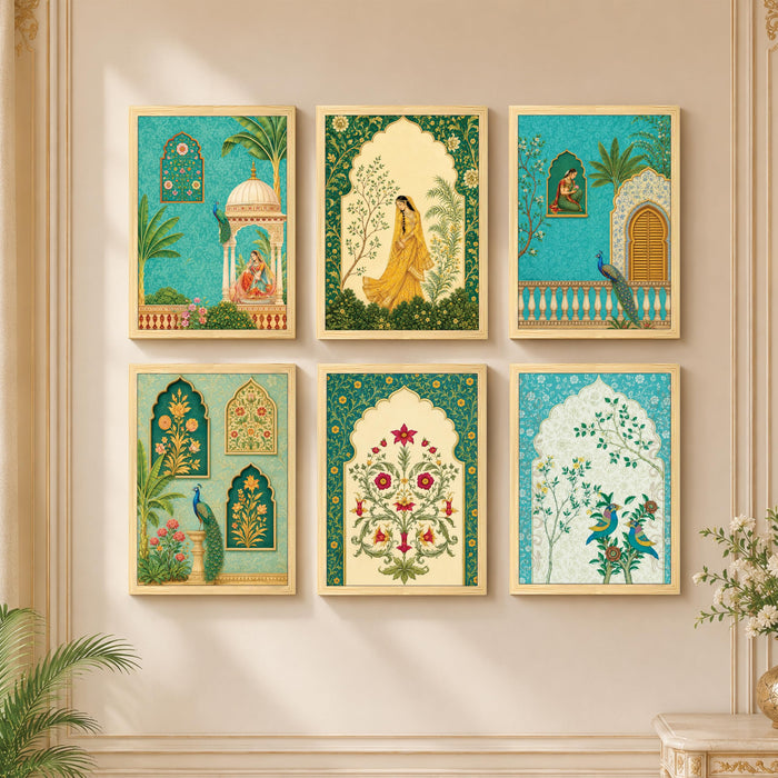 Mughal Jharokha Royal Queen Wall Art Painting, Traditional Turquoise Arch, Peacock & Floral Theme Wooden Framed Wall Art Print for Living Room & Home Decor (Set of 6, 13x9 inch)
