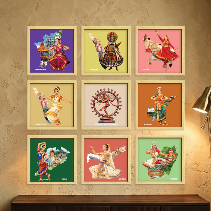 Indian Classical Dance forms Wall Art Paintings with Frame For Living Room | Traditional Indian Dance Culture Framed Wall Art Paintings for Home, Set of 9, (9x9 Inch)