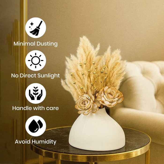 Art Street White Ceramic Decorative Vase with Pampas Grass & Golden Wood Flowers | Minimalist Table Decor | Aesthetic Home Decoration for Living Room, Bedroom, Entryway | Dried Flower Arrangement Set