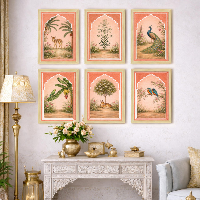 Mughal Miniature Painting With Frame for living room, Royal Flower garden Framed Wall Art Painting for Home Decor Set of 6, Size 9.5 by 12.5 Inch