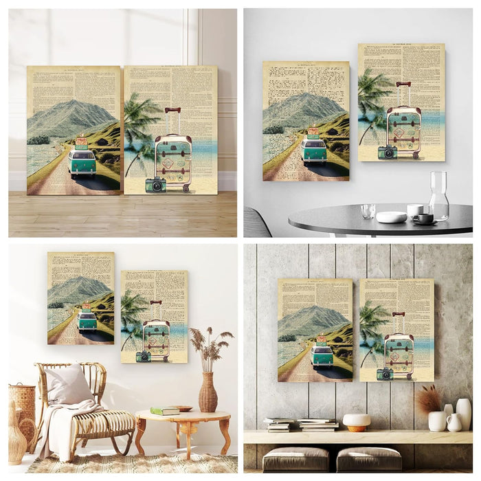 Art Street Set of 2 Stretched Canvas Painting Vintage Travel Dictionary Wall Art for Home Decor, Living room, Office, Hotel & Bedroom Size (12x16 inch)