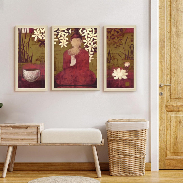 Buddha Floral Abstract Framed Wall Art Painting Home Décor Pack Of 3 | Digital Scenery Painting with Frame, Office Set Of 3, 22x46 cm, 33x44 cm
