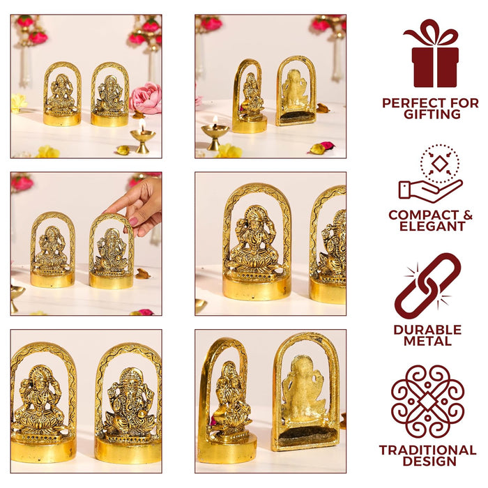 Metal Traditional Arched Lakshmi Ganesha Brass Finished Idol, Lakshmi Idol for Deepawali Decoration, Brass Finished Idols for Diwali 6.4x10.7 cm
