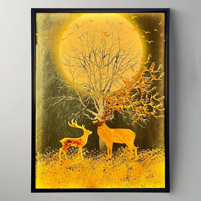 Framed Canvas Art Print with LED Light Decorative Canvas Wall Art, Deers in Front of the Moon Painting with LED Wall Decor 43x58 cm