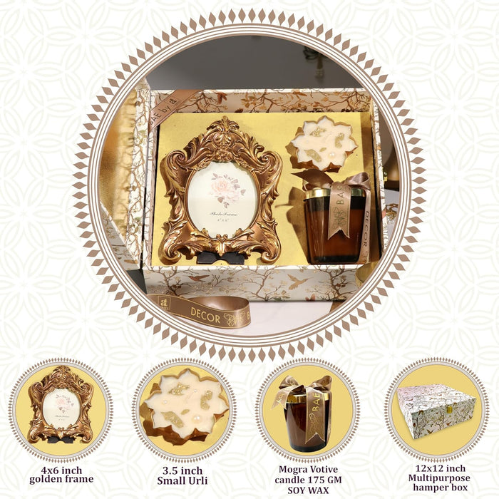 Diwali Gift Hamper with Vintage Photo Frame and Mogra Scent Candle and Urli Diya, Friends and Relatives (Pack of 3)
