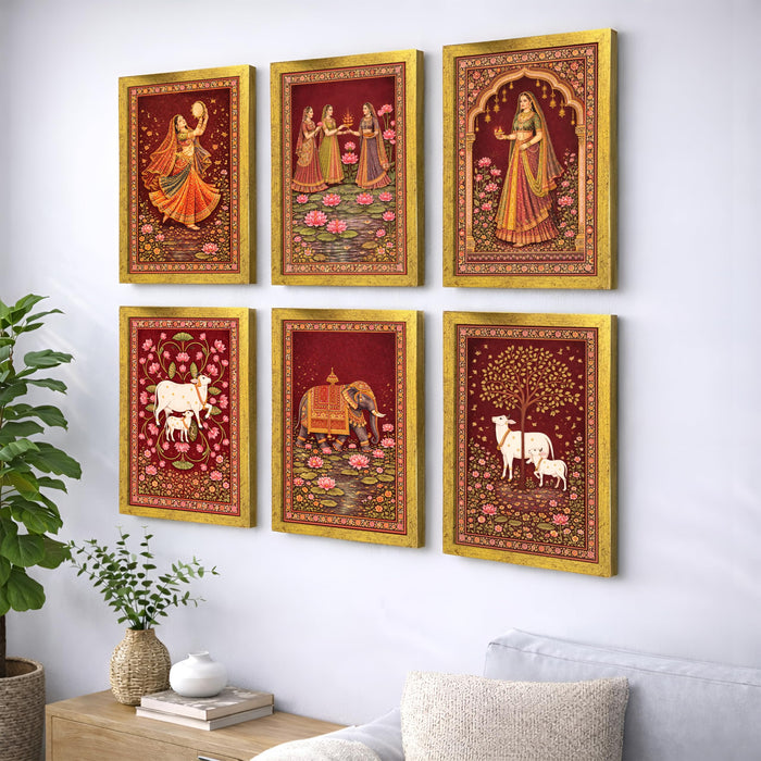 Madhubani Pichwai Painting With Frame for living room, Flower Framed Wall Art Painting for Home Decor Set of 6, Size 9.5 by 12.5 Inch