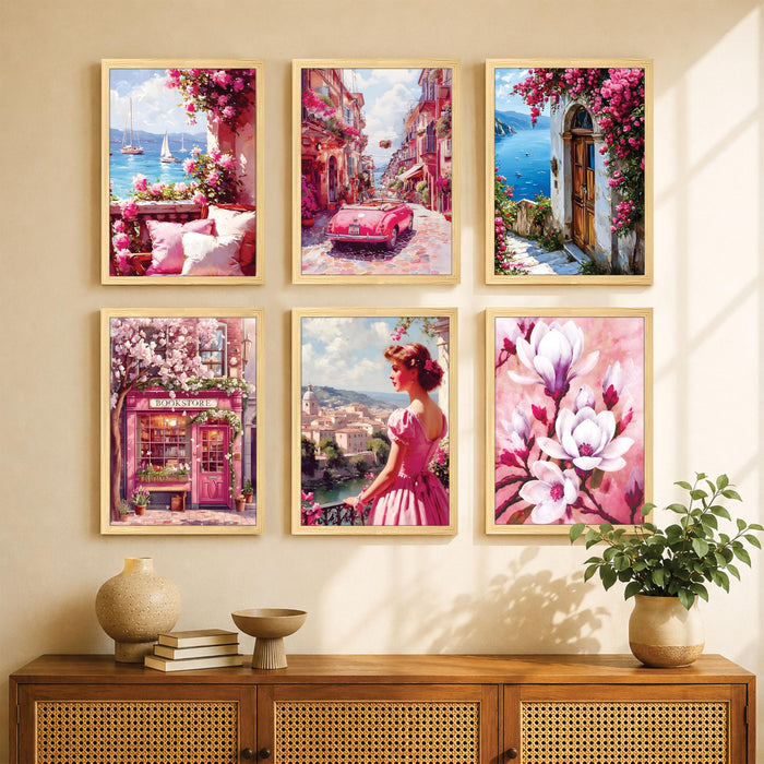 European Street Side Scenery Wall Art Painting for Living Room, Coquette Floral Aesthetic Wooden Framed Wall Art Print for Living Room, Bedroom & Office Decor (Set of 6, 13x9 inch)