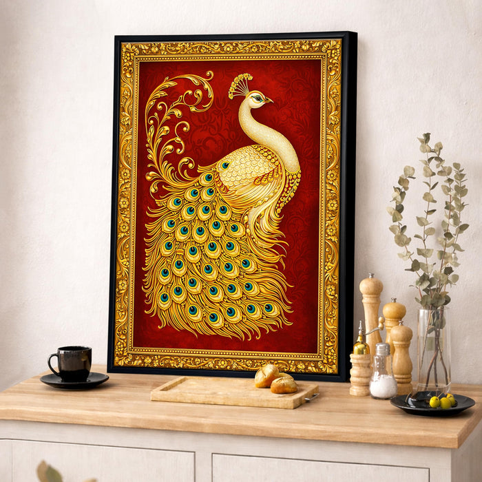 Tanjore Golden Peacock Framed Canvas Painting for Living Room Wall Decor, Holy Peacock Vastu Framed Canvas Wall Art for Vastu Place Bedroom Home Hallways Office Hotel, Size 43x58 cm