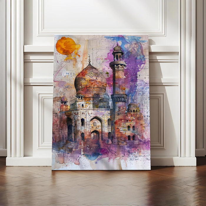 Large Stretched Canvas Painting, Panel Wall Art Print Traditional Taj Mahal Framed Luxury Paintings for Home Décor (Purple, 22x34 Inch)