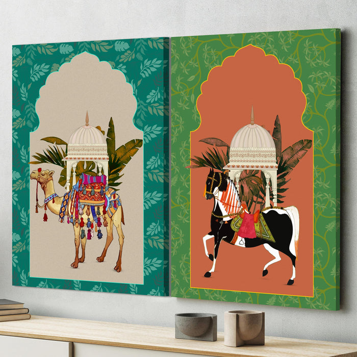 Art Street Set of 2 Stretched Canvas Painting of Mughal Art Camel & Horse for Home Decor, Living Room, Wall Hanging, (Size: 12x16 Inch)