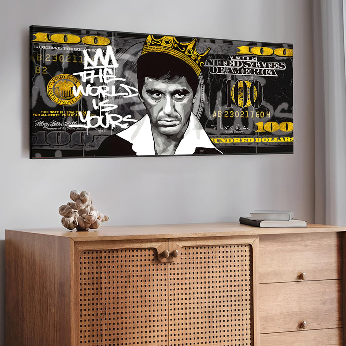 Luxury Crowned Gangster Pop Art Wall Painting | Bold Money-Themed Portrait Stretched Canvas Artwork for Living Room & Office Décor, 22x46 Inch