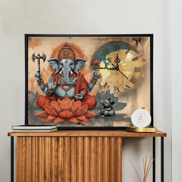 Hindu Religious Portrait Abstract Divine Multicolor Framed Canvas wall art With Clock | Painting with clock. 43x58 cm
