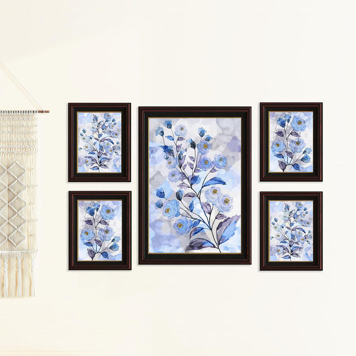 Art Street Blue Rose Floral Framed Art Print For Living Room, Decorative Home & Wall Decor - Set Of 5 (Black, 4 Pcs-5x7 Inch, & 12x16 Inch)