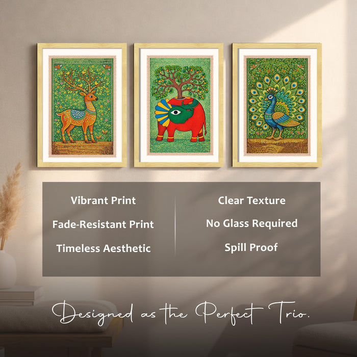 Gond Art of Deer Elephant Peacock A3 Framed Poster for Living Room With Frame, Nature Botanical Madhubani Framed Vastu Posters for Home Decor Bedroom Hallways Office Hotel Set of 3, Size 33x45 cm