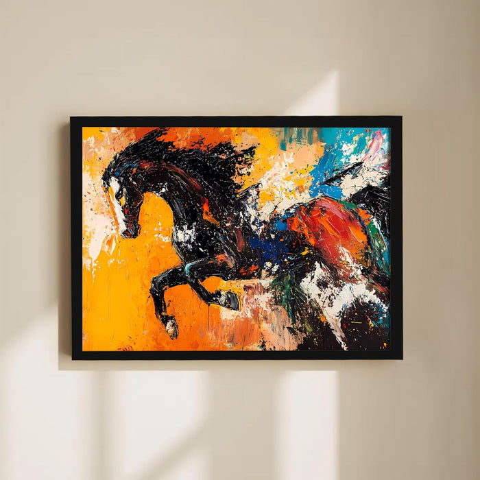 Abstract Wall Art Eight Running Horses Vastu Feng Shui Multicolor | Digital Painting Framed with Engineered Wood Frame (17x23 Inch)