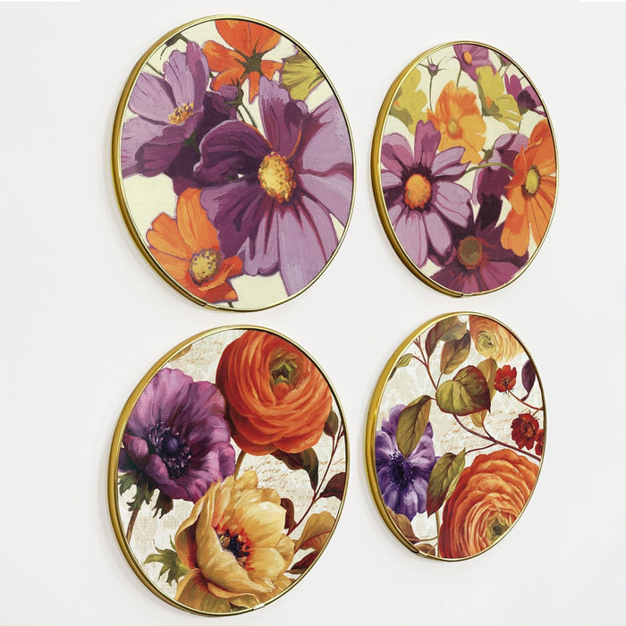 Purple & Orange Flowers Round Wall Art Painting for Living Room Decoration, Circular Gold Metal Finish Stylish Large Wall Art Print (12x12 Inches)