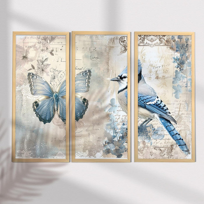 Butterfly and Hummingbird Floral Dictionary Wall Painting for Home, Engineered Wood Frame Large Wall Art (Set of 3, 8x18 Inch)