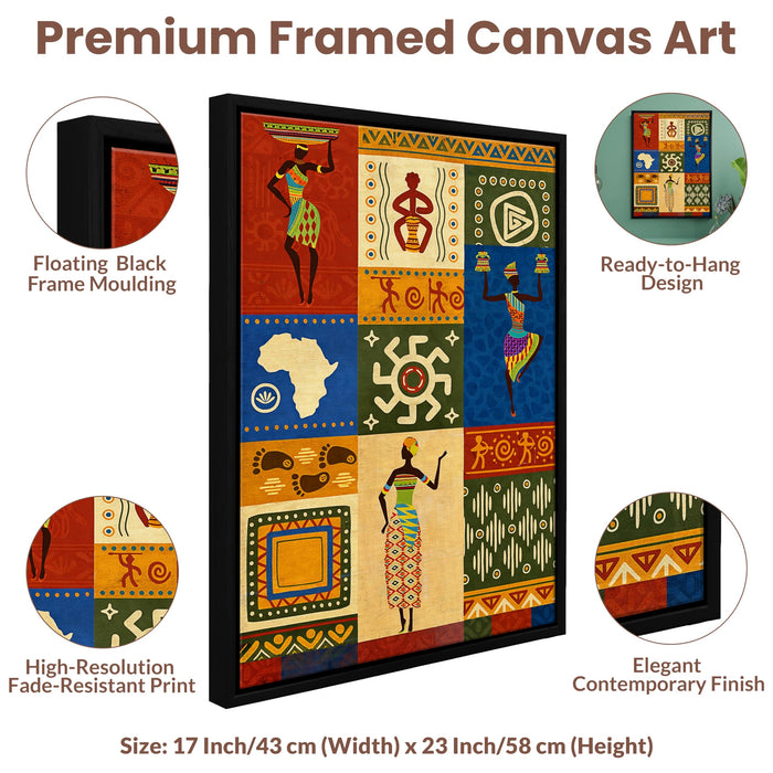 African Warli Art Framed Canvas Painting for Living Room Wall Deocr, African Cultural Motifs Framed Canvas Wall Art for Bedroom Home, Hallways Office Hotel, Size 43x58 cm