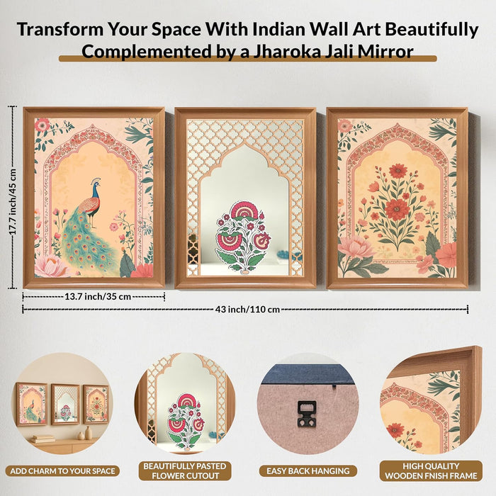 Framed Madhubani Floral Wall Art and Decorative Mirror Set | A3 Indian Paintings | 12x16 Art Prints with Jharoka Mirror Decor | 35x45 cm