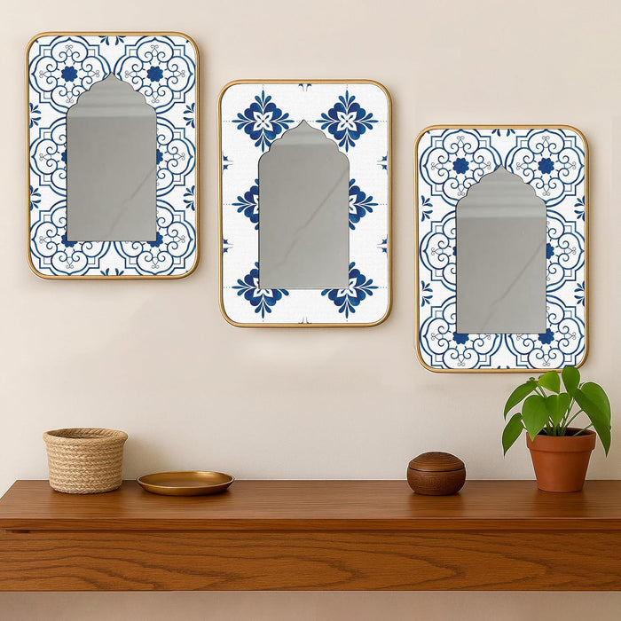 Decorative Jharokha Acrylic Mirror Set of 3 Blue Abstract Floral Pattern Printed Gold Metal Finish Décor Mirror (8.2x12.2 Inches)