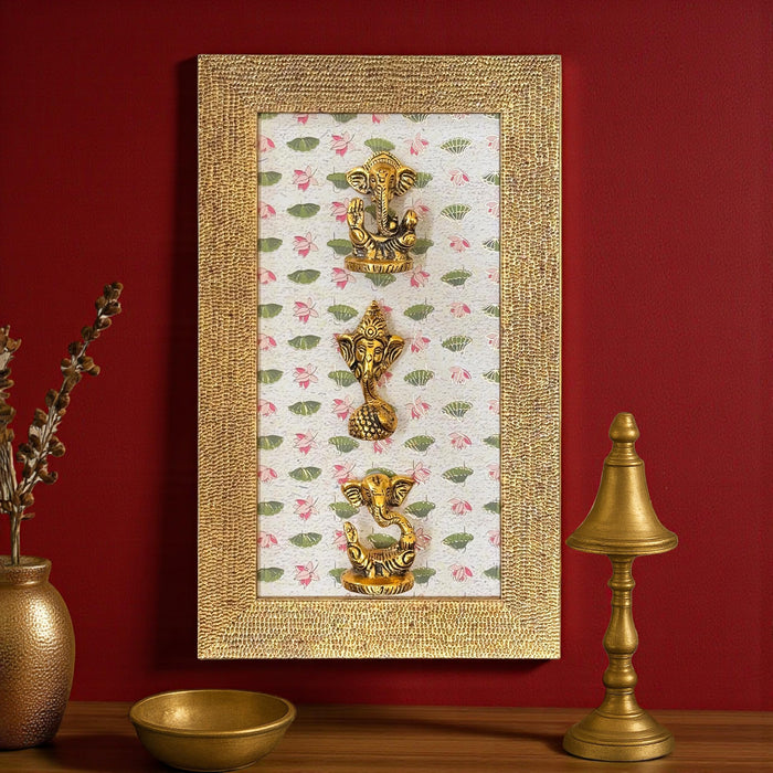 Art Street Wall Decorative Framed Metal Idols Ganesha Idol Wall Art with Gold Metal Finish Framed Ganesha Set, Indian Religious Frame with Gold Ganesh Home Décor for Home Office Temple 21x36 cm