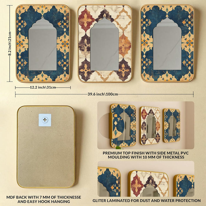 Decorative Jharokha Acrylic Mirror Set of 3 Abstract Flowers Printed Gold Metal Finish Décor Mirror (8.2x12.2 Inches)