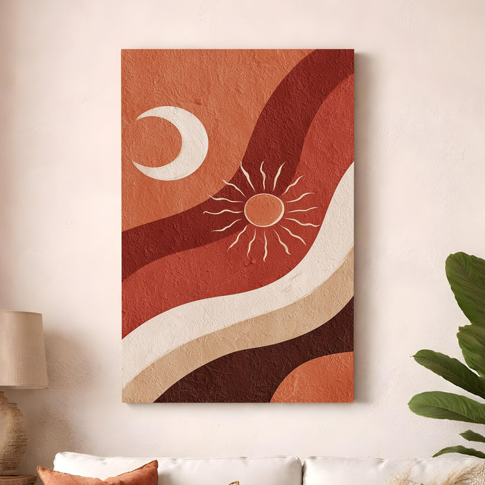Boho Moon and Sun Stretched Canvas Painting For Living Room | Abstract Desert Stretched Canvas Wall Art For Livingroom Home Decor, Bedroom, Hallway's, Office, Hotel - 56x86 cm