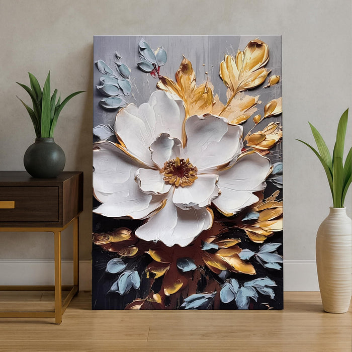 Stretched Canvas Abstract White Flower Canvas Painting 3D Textured Gold Floral Painting Abstract Paintings for Bedroom Office Wall Décor Hand Painted Art 61x91 cm