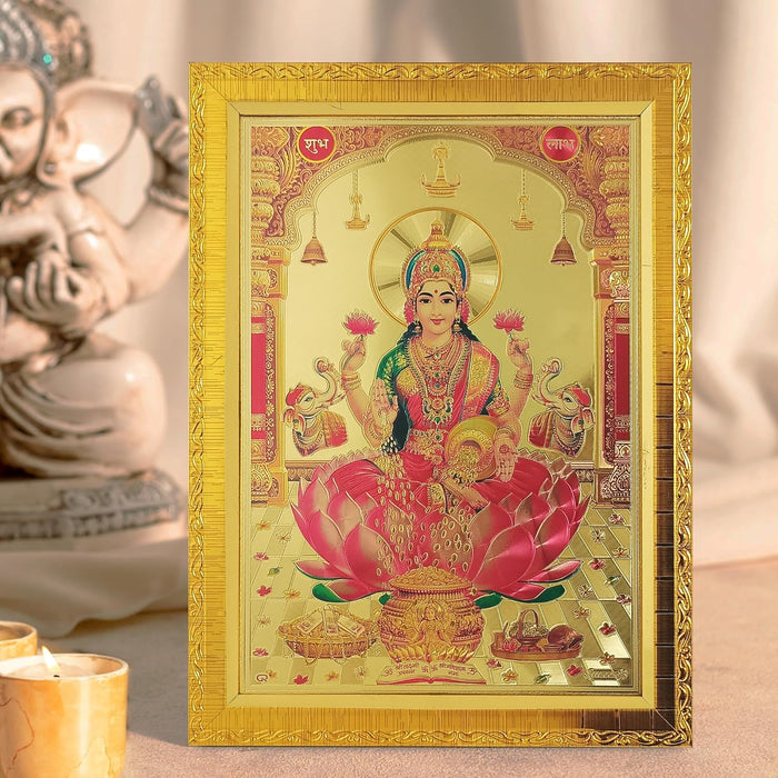 Art Street Combo Set of 3 Shree Ganesh, Mata Laxmi Ji & Panchmukhi Hanuman ji for Pooja, Poster for Pooja, Religious Framed Painting,Gold Plated God, Wall Decor (Size: 9.8x13.3 Inch, Gold)