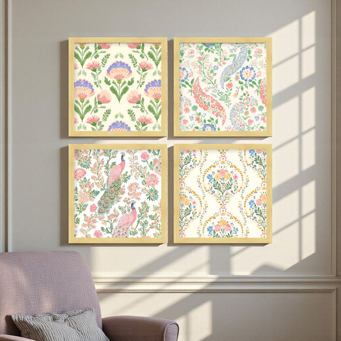Madhubani Floral Wall Art Prints with Peacock—Traditional Indian Folk Art Botanical Framed Wall Decor for Living Room & Bedroom, (Set of 4) (13.2 inch x 13.2 inch)