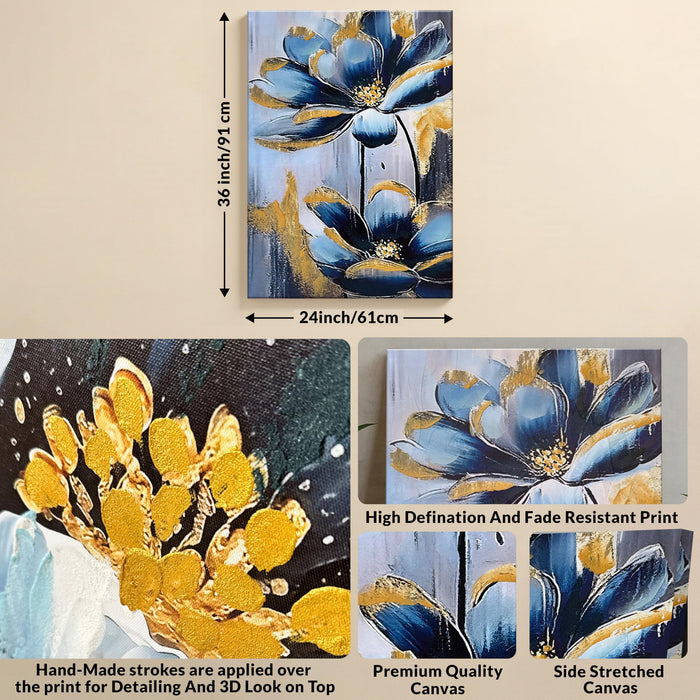 Stretched Canvas Abstract Blue and Gold Flower Paintings Abstract 3d Paintings for Office Hand Painted Canvas Art 3D Textured Floral Wall Painting Modern Aesthetic Home Decor 61x91 cm