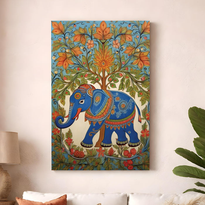 Madhubani Elephant Stretched Canvas Painting For Living Room | Indian Folk Animal Stretched Canvas Wall Art For Livingroom Home Decor, Bedroom, Hallway's, Office, Hotel - 56x86 cm