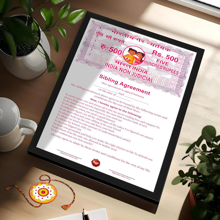 SNAP ART A4 Framed Sibling Agreement Greeting Card For Brother & Sister, Photo Frame with Photo Upload Gift for Bhai Dooj, Birthday, Rakshabandhan Rakhi Pre Defined Terms & Conditions