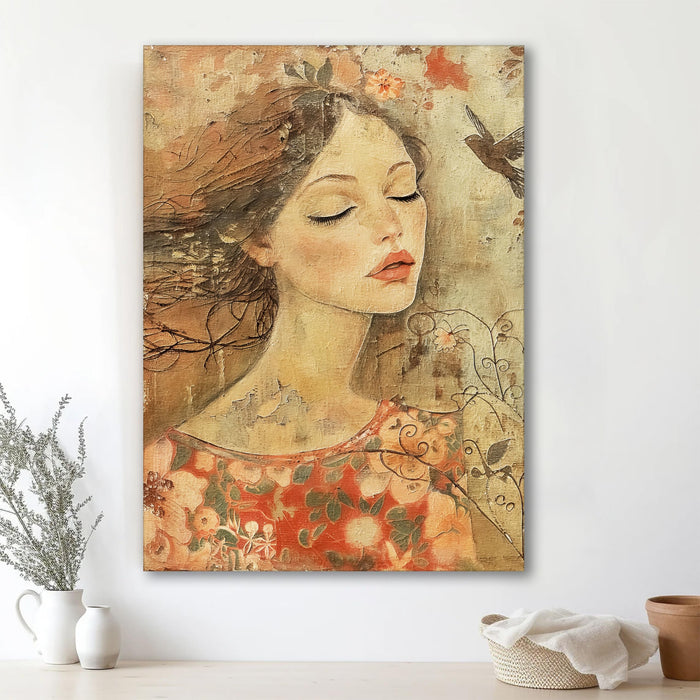 Abstract Dreamlike Art of Women and Nature in Orange, Red, and Brown | Digital Painting On Canvas Stretched on Wood (16x22 Inch)