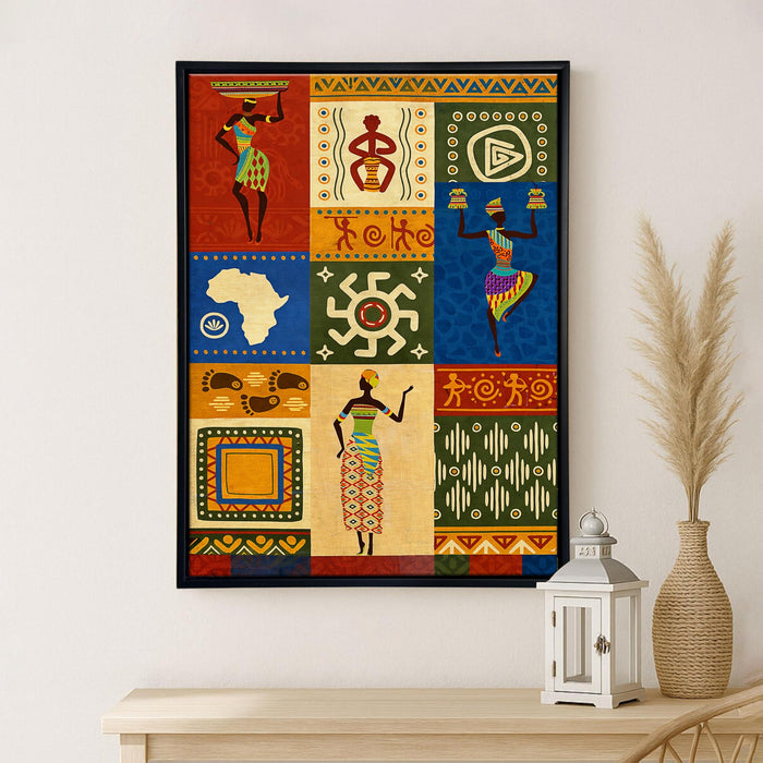 African Warli Art Framed Canvas Painting for Living Room Wall Deocr, African Cultural Motifs Framed Canvas Wall Art for Bedroom Home, Hallways Office Hotel, Size 43x58 cm