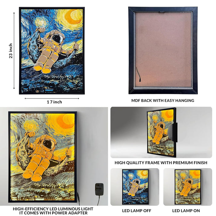 Framed Canvas Art Print with LED Light Canvas Wall Painting, Astronaut Post Impressionism Art Decorative Wall Decor 43x58 cm