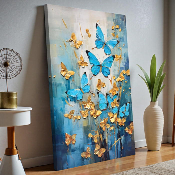Stretched Canvas Blue and Golden Butterfly 3D Abstract Painting Abstract Vastu Hand Painted Canvas Painting Paintings for Art 3D Textured Butterfly Modern 61x91 cm