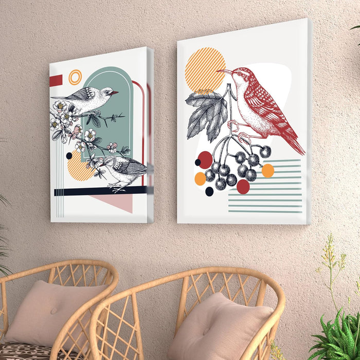 Art Street Stretched Canvas Painting Colorful Jarden Birds, Flower For Living Room Decoration (Set of 2, Size: 16x22 Inch)