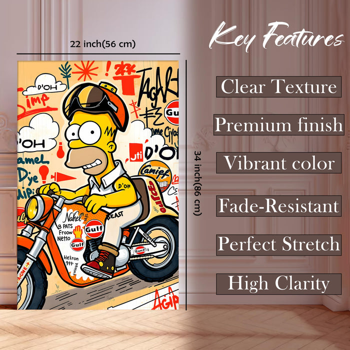 Cartoon Biker Graffiti Stretched Canvas Painting Print | Street Pop Art Wall Décor | Modern Motorcycle Illustration for Home & Office, 56x86 cm